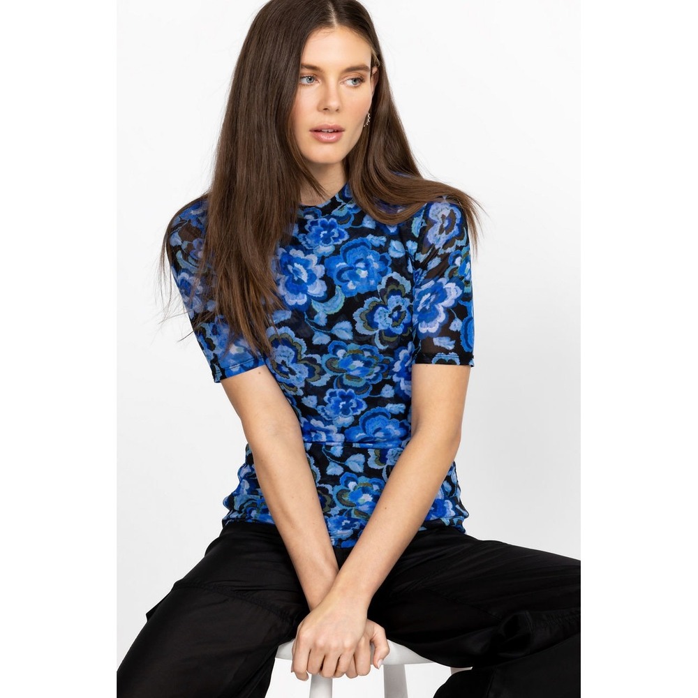 Johnny Was Jade Blue Floral Mesh Mock Neck Top Short Sleeve Sheer Tee Small